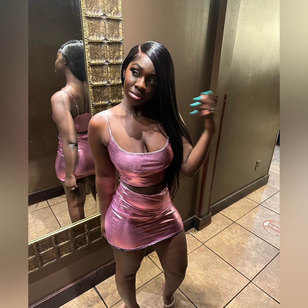 Pink metallic two piece skirt set